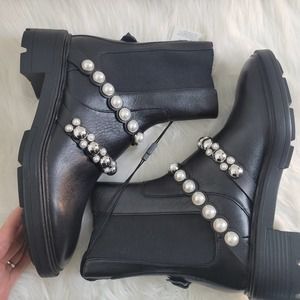 ZARA NWT PEARL STRAPPED LOW HEEL VEGAN LEATHER ANKLE BLACK  BOOTS WOMEN'S SZ 6.5